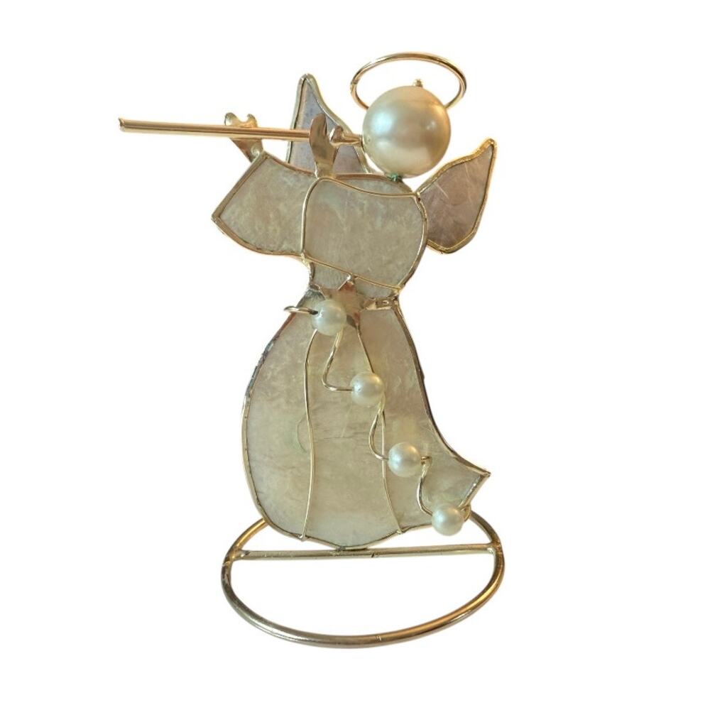 Capiz Shell Angel Flute Ornament Shelf Sitter Base Faux Pearls Gold-tone 4”x2”